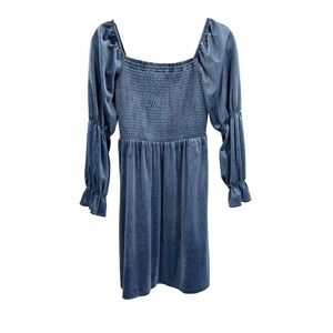 IVIR Smocked Velvet Square Neck Puff Sleeve Mini Dress Blue Size S
